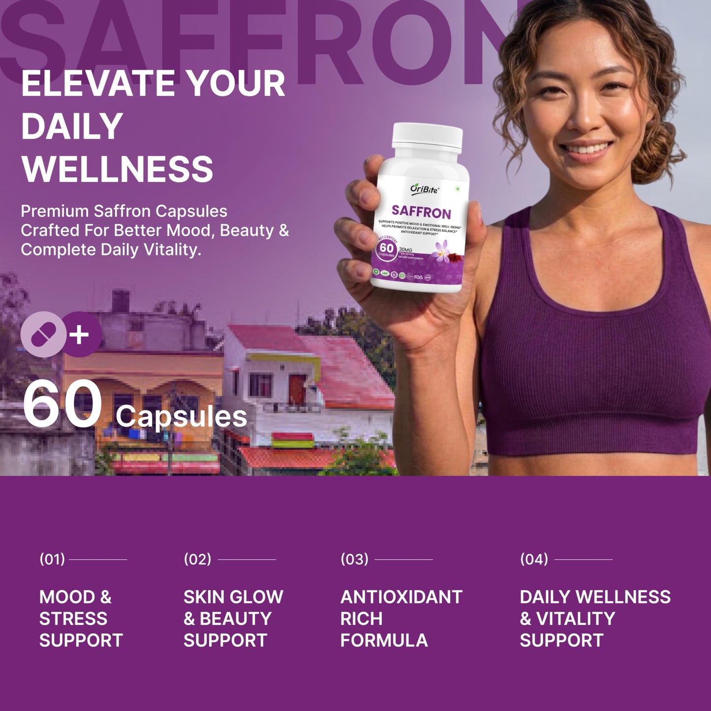 ORIBITE Saffron Supplement 30mg – 100% Pure Saffron Extract Capsules, 60 Capsules