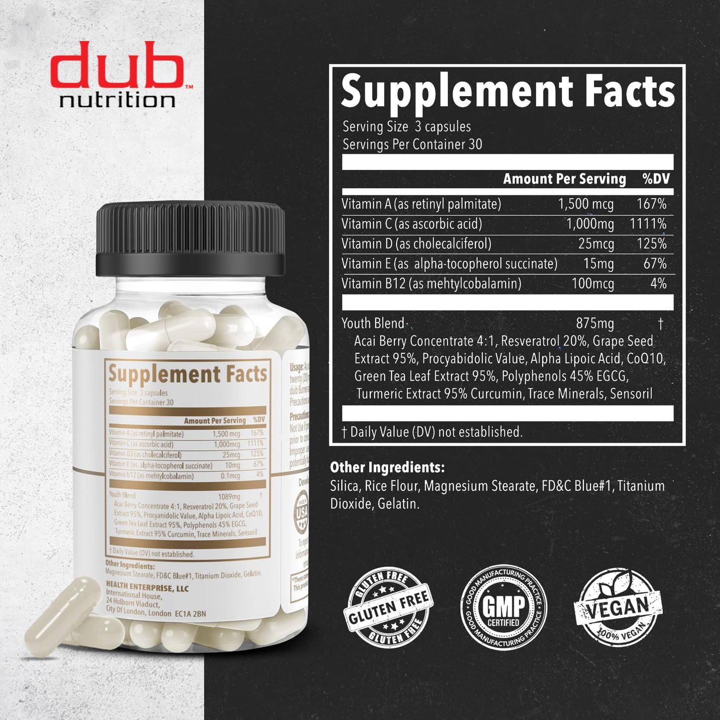 Dub Nutrition Youth Formula with Acai, Resveratrol, Curcumin, Vitamins A, C, D, E, B12, and CoQ10, 90 Capsules
