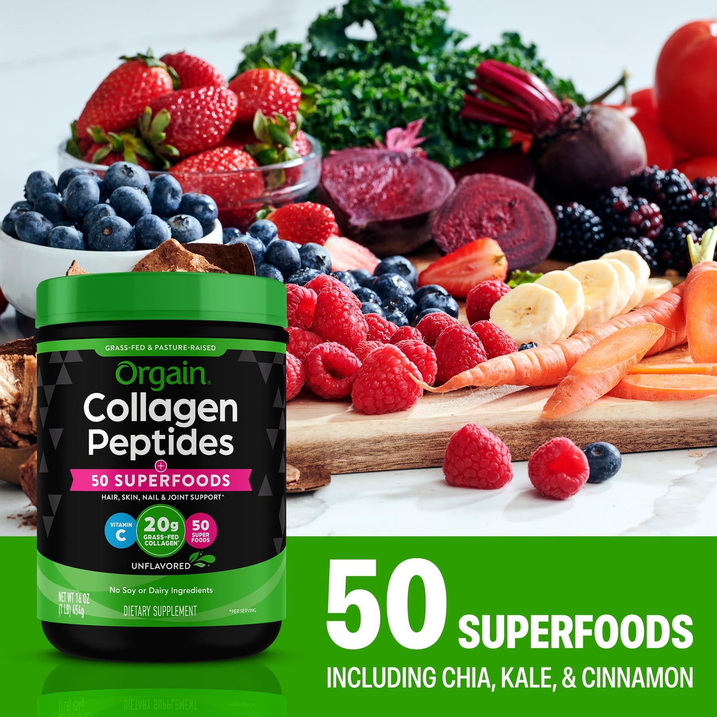 Orgain Hydrolyzed Collagen Powder + 50 Organic Superfoods For Women & Men, 20g Grass Fed Collagen with Vitamin C, Unflavored - Hair, Skin, Nail, & Joint Support Supplement, Non-GMO, Type I & III, 16