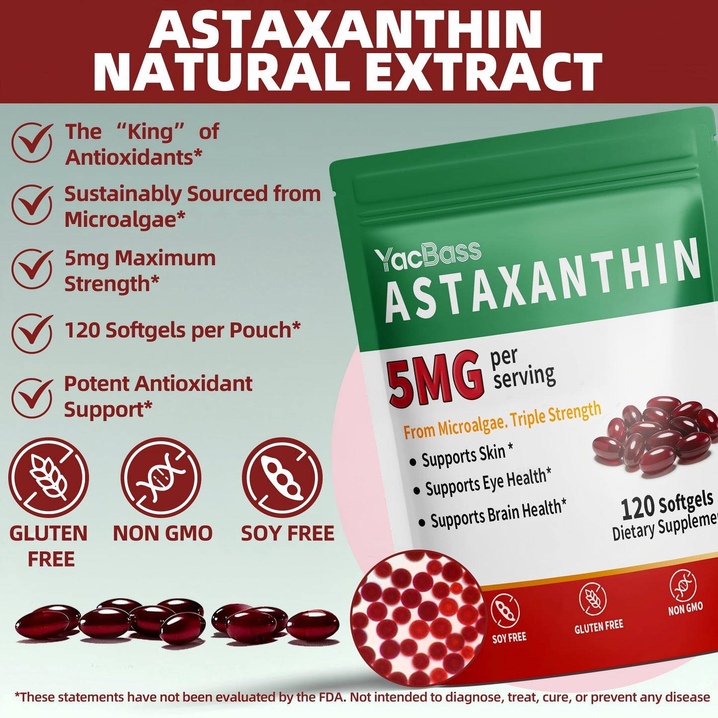 YacBass Astaxanthin 5mg Softgel, 120 Softgels