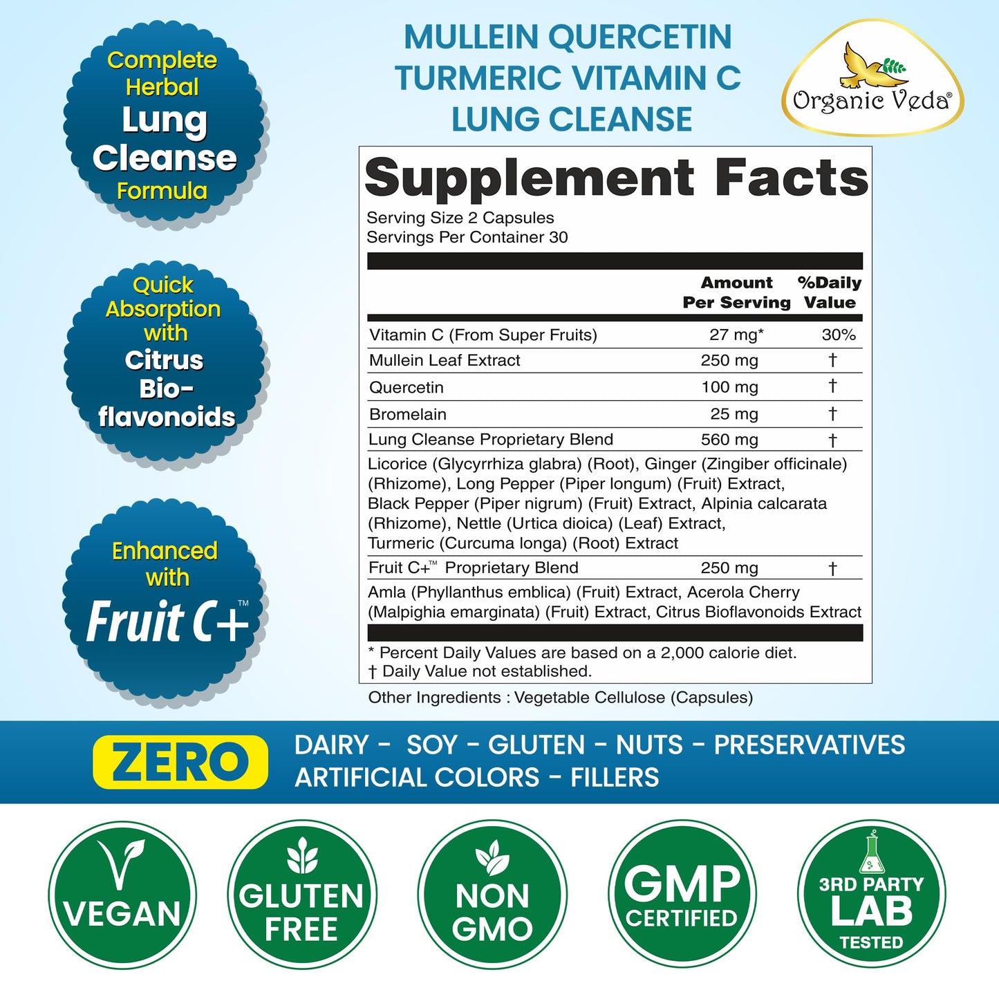 Organic Veda Mullein Quercetin Turmeric Lung Cleanse Capsules, 60 Count