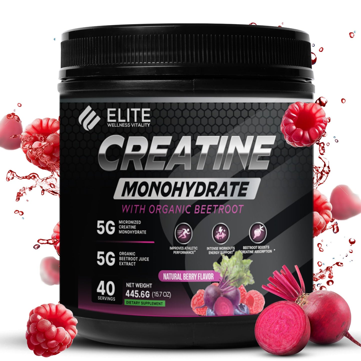Elite Wellness Vitality Berry Flavor Creatine Monohydrate with Organic Beetroot Supplement Powder 40