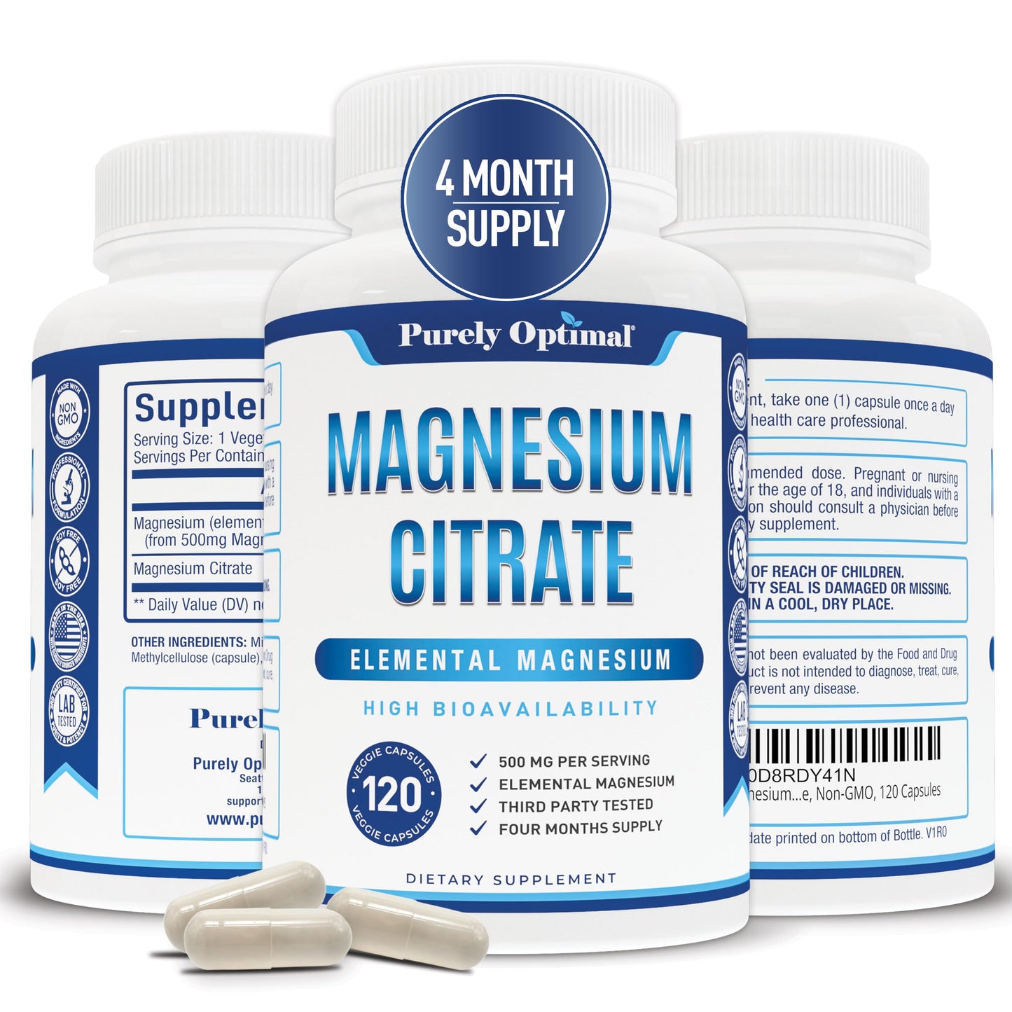 Purely Optimal Magnesium Citrate 500mg Capsules, 120 Count
