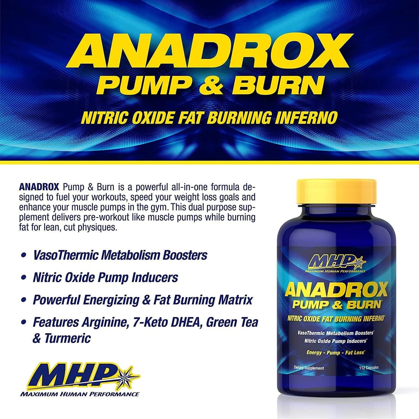 Maximum Human Performance MHP Anadrox Pump & Burn Nitric Oxide Fat Burning Inferno Capsules, 112