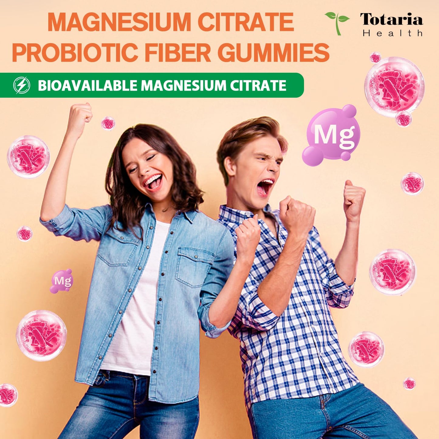 Totaria 15-in-1 Magnesium Citrate Fiber Gummies with Probiotic Prebiotic for Digestion, Apple Cider Vinegar 500mg, Acacia, B6, B12, 60 Gummies