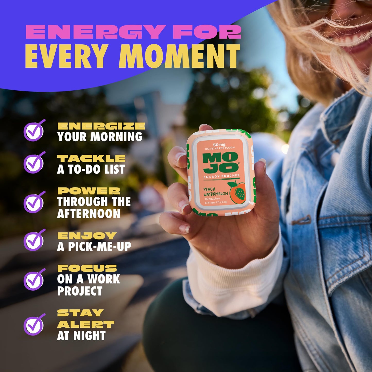 MOJO Energy Pouches Peach Watermelon Flavor Capsule, 15 Count