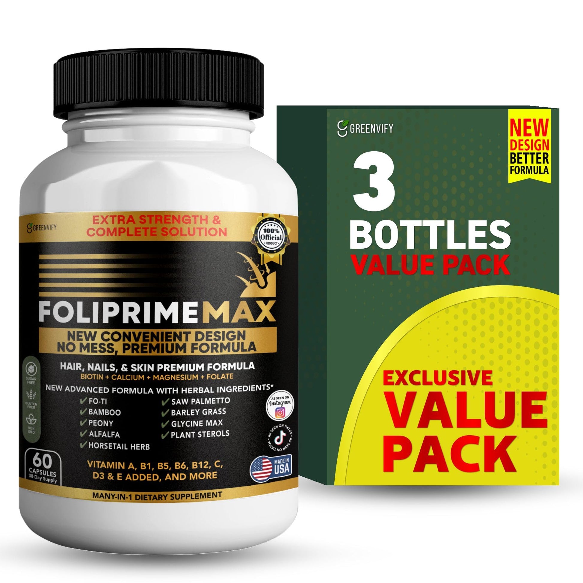 GREENVIFY Foliprime Max Hair, Nails & Skin Supplement with Biotin, Vitamins, Minerals & Herbal Blend Capsules, 60