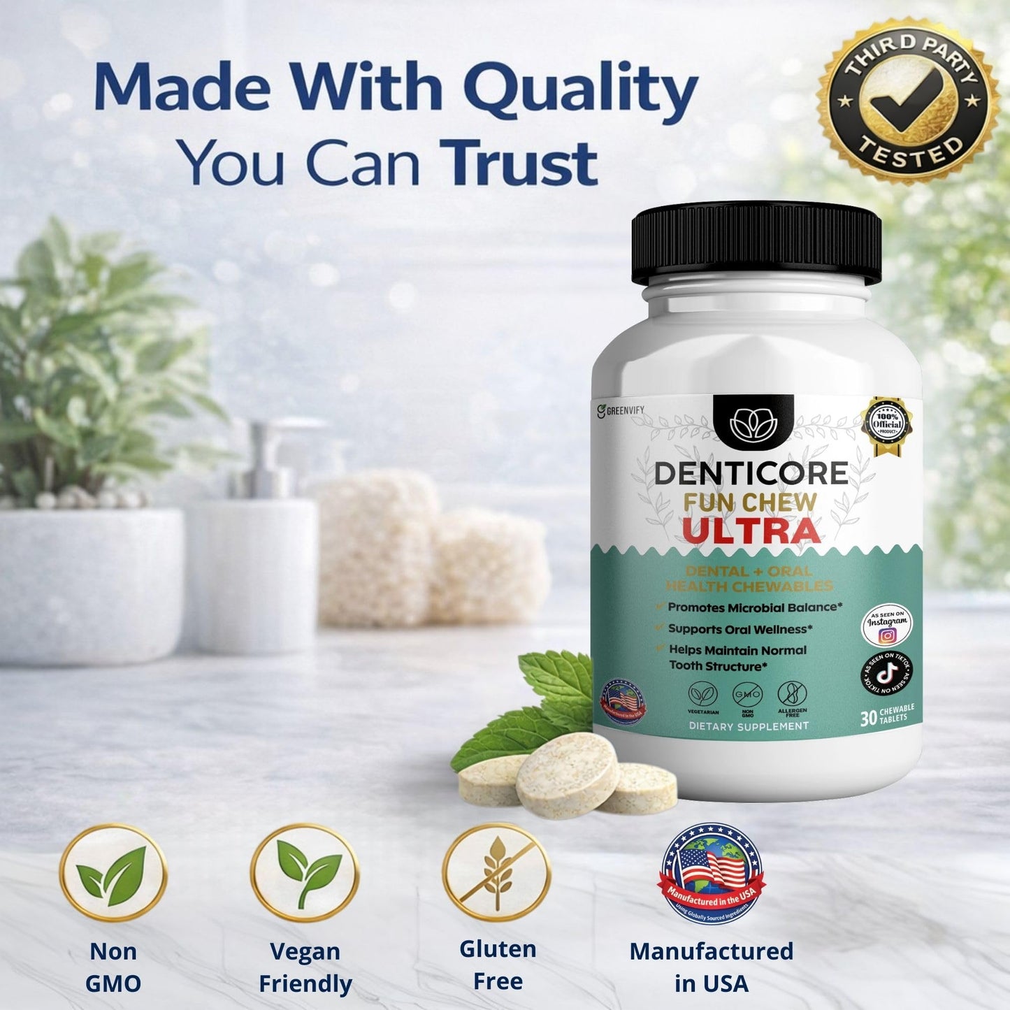 GREENVIFY DentiCore Fun Chew Ultra Oral Probiotics, Advanced Gums and Teeth Health Supplement, Chewable Tablet, 30