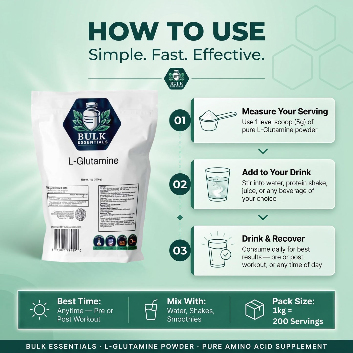 Bulk Essentials L-Glutamine Powder – Unflavored, 2.2 lb