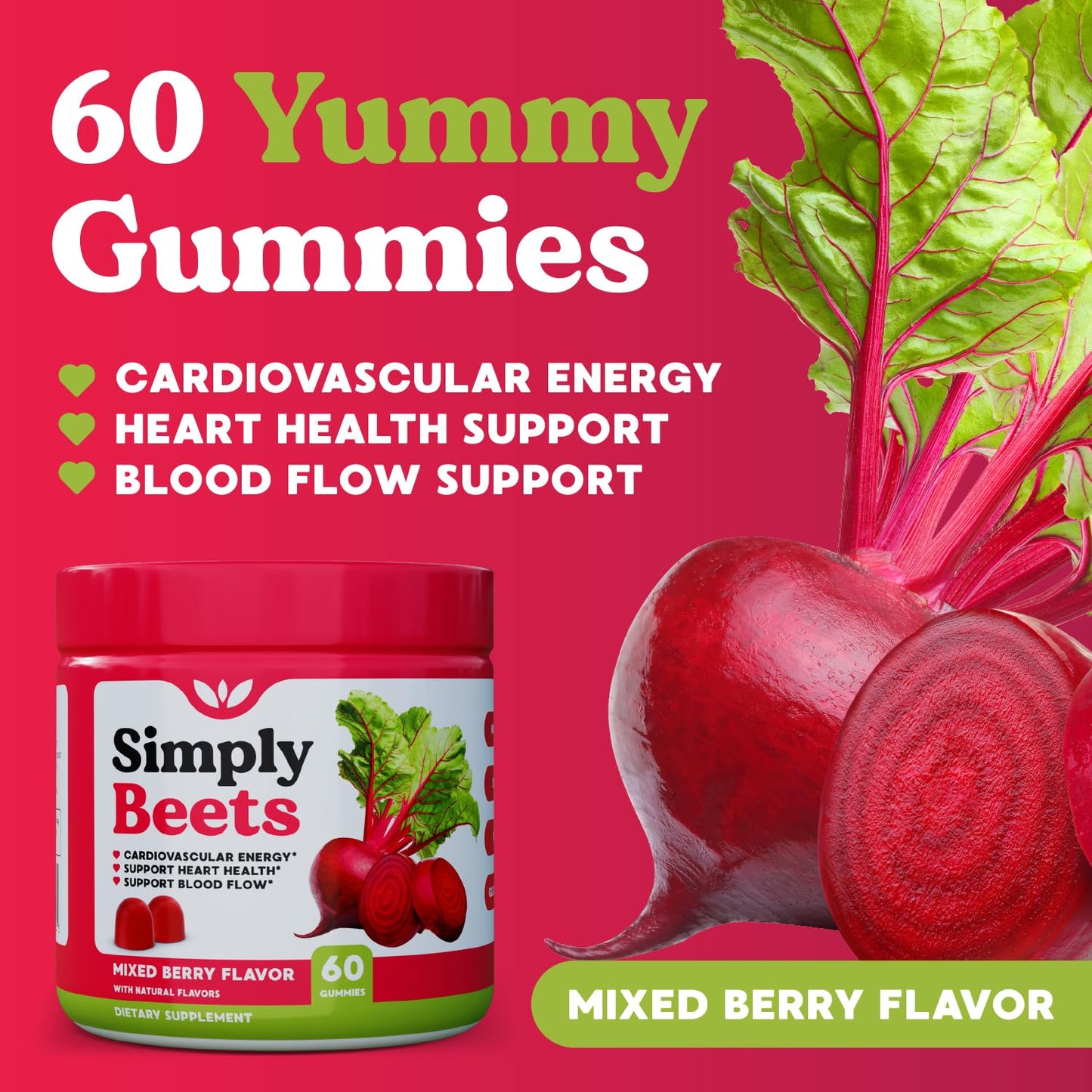 Simply Beets Beet Gummies with CoQ10 & Grape Seed Extract, 180 Gummies
