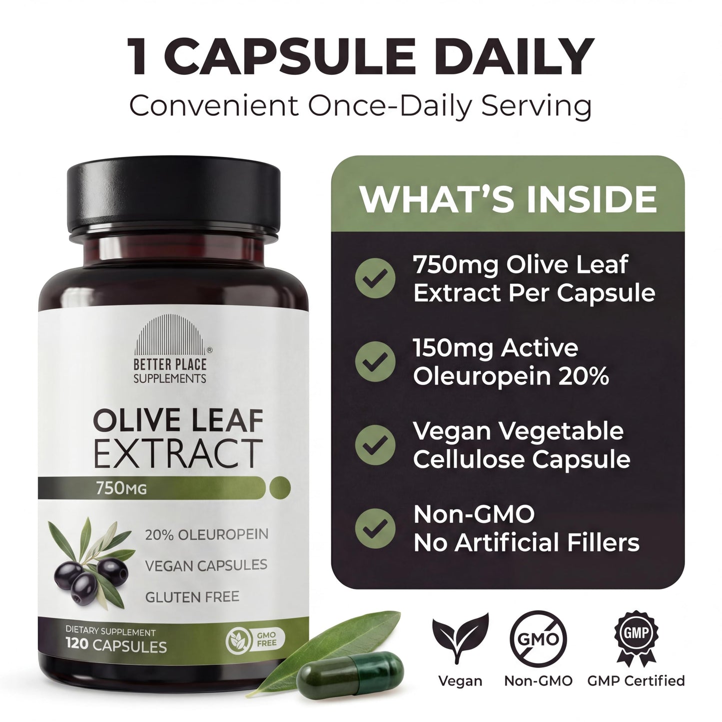Better Place Organics Olive Leaf Extract 750mg Capsules, 120 Count