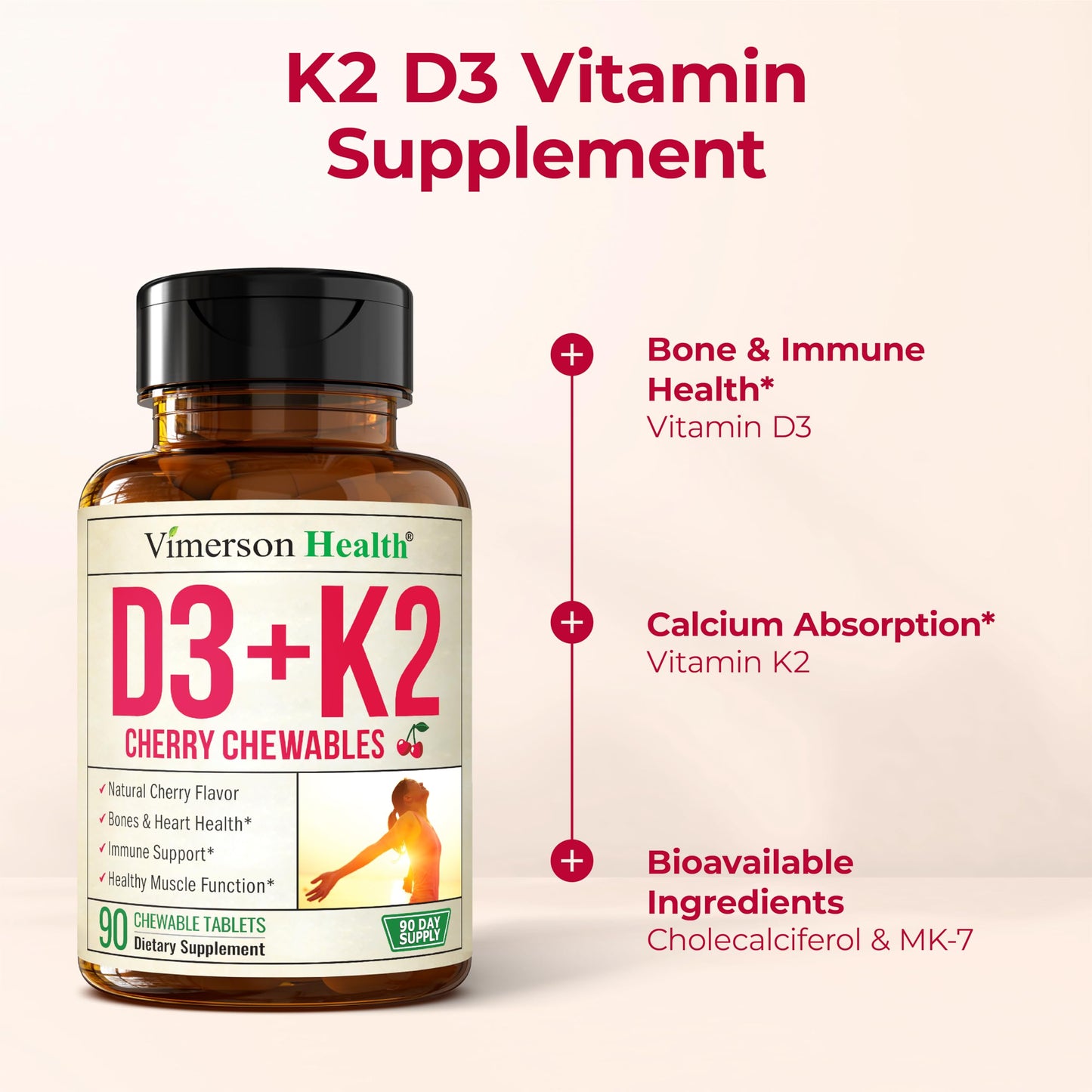 Vimerson Health Vitamin D3 K2 Supplement Chewables 90 Count