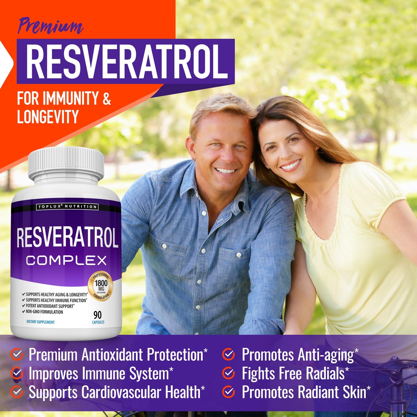Toplux Resveratrol Supplement 1800 mg Antioxidant Complex - Highly Potent Natural Trans-Resveratrol Pills for Healthy Aging, Overall Health Support, Immune System, Brain Function, for Men Women, 90 Capsules