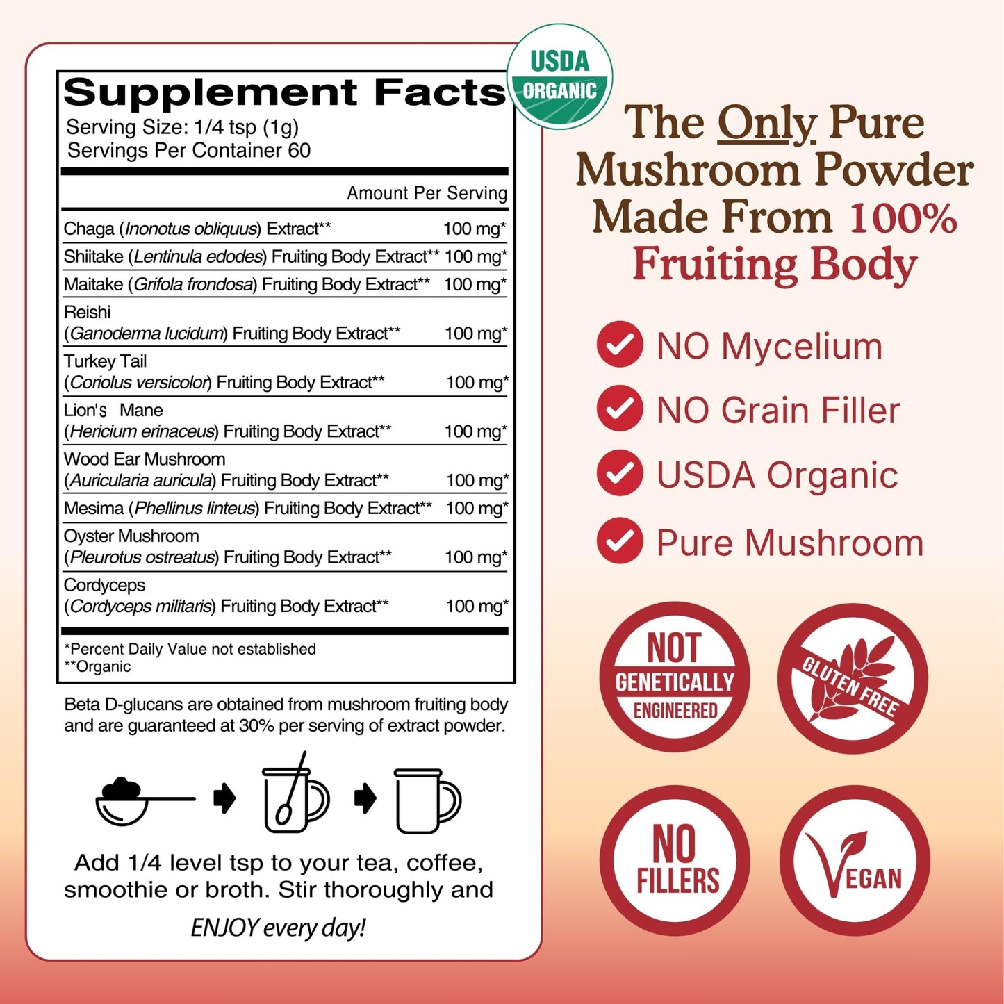 Nourishing Nutrients USDA Organic 10 Mushroom Supplement Powder, Focus and Immune Support, 4.24 oz
