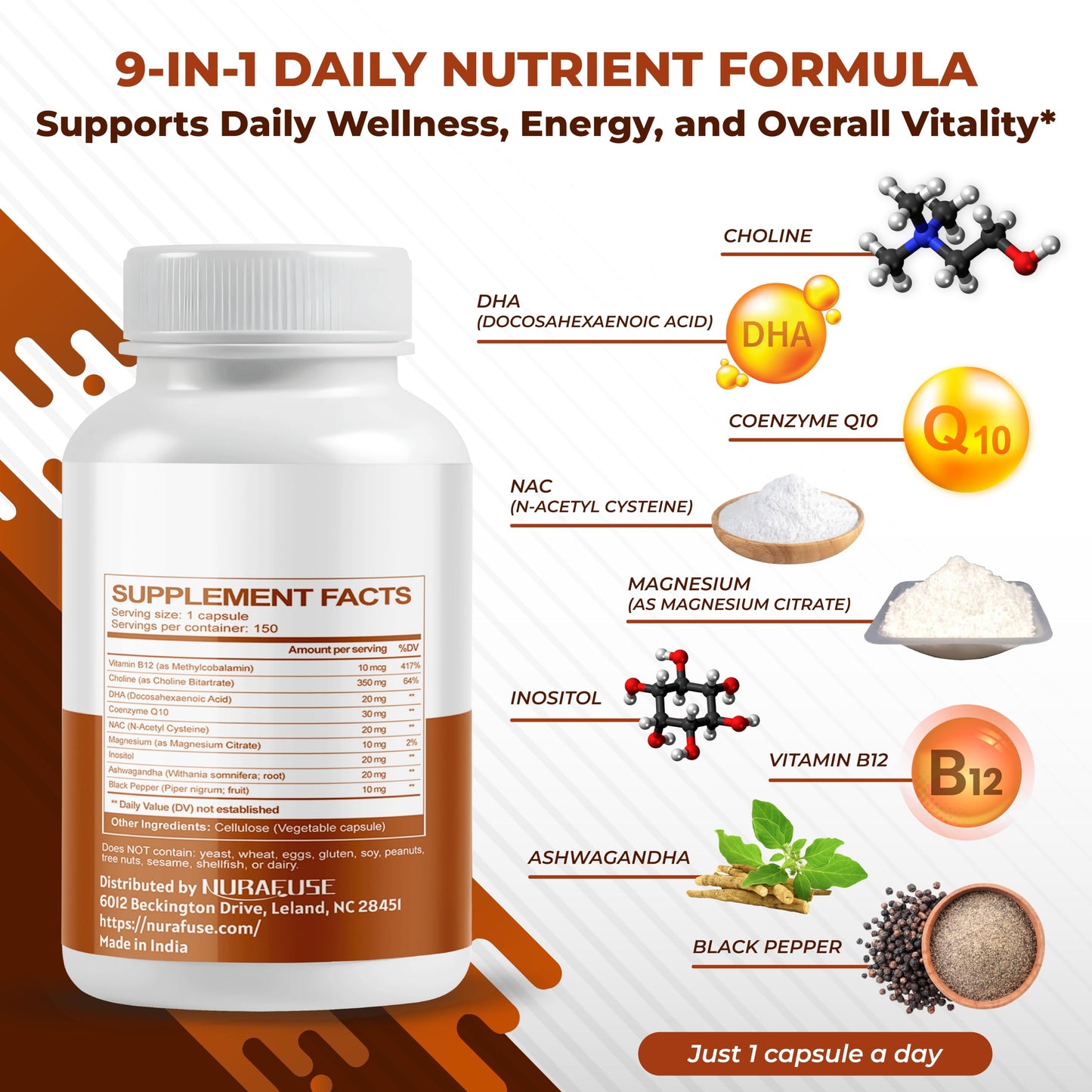 NURAFUSE Choline with DHA, Inositol, Vitamin B12, CoQ10, NAC, Magnesium, Ashwagandha Capsules 150