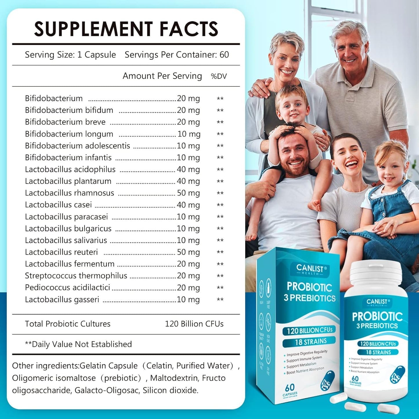 CANLIST Probiotics 120 Billion CFUs 18 Strains, 3 Prebiotics & Digestive Enzymes for Men Women, Digestive & Immune Support, Shelf Stable Non-GMO, 120 Capsules