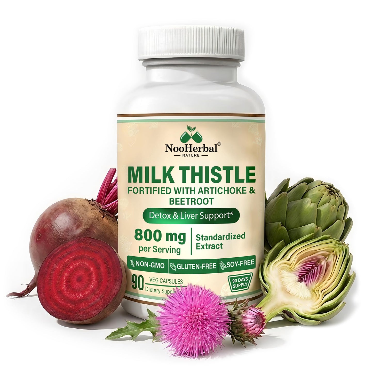NooHerbal Nature Liver Cleanse Detox & Repair Milk Thistle Capsule - 80% Silymarin with Artichoke, Beetroot for Digestion, Immune Health & Liver Support, Non-GMO, 90 Capsules