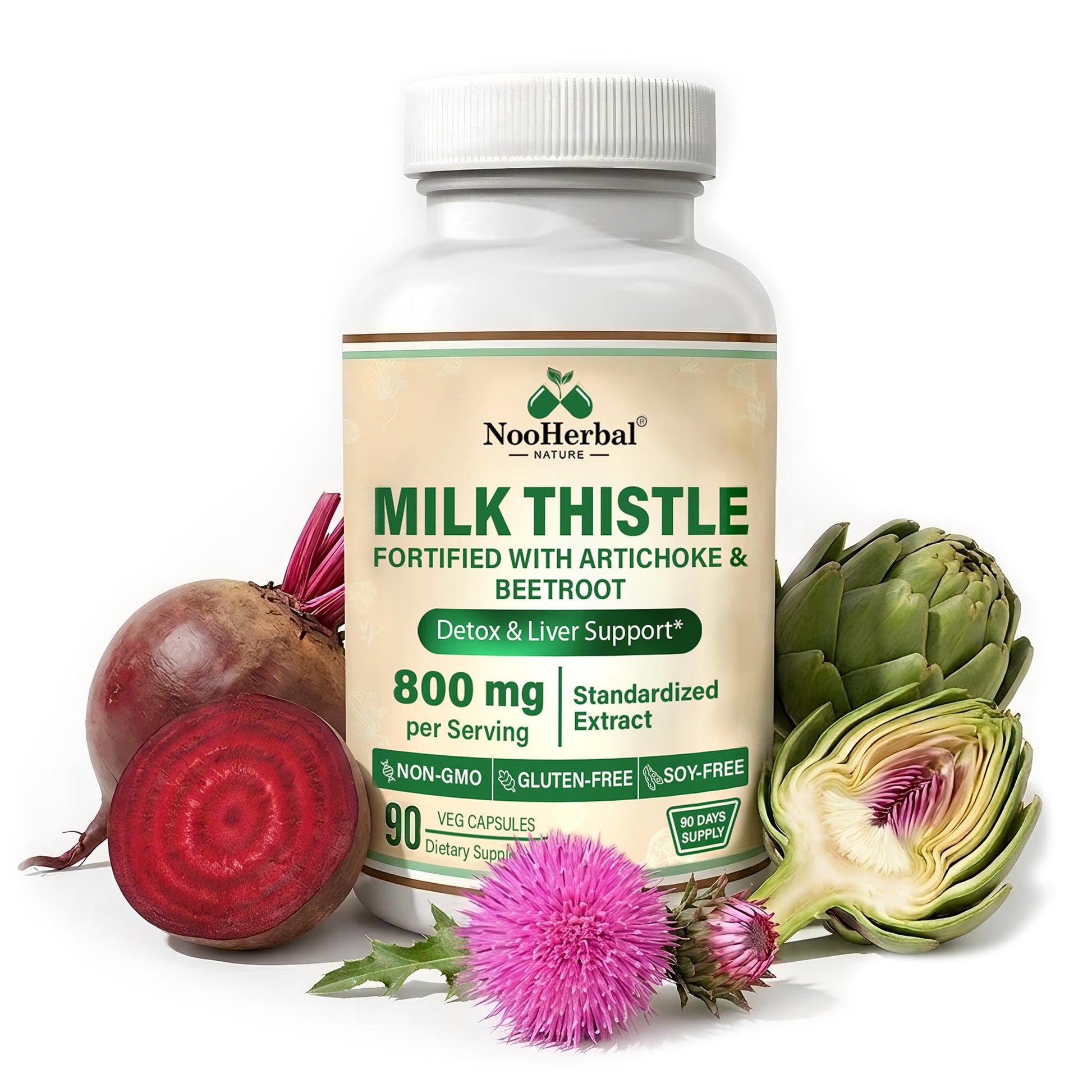 NooHerbal Nature Liver Cleanse Detox & Repair Milk Thistle Capsule - 80% Silymarin with Artichoke, Beetroot for Digestion, Immune Health & Liver Support, Non-GMO, 90 Capsules