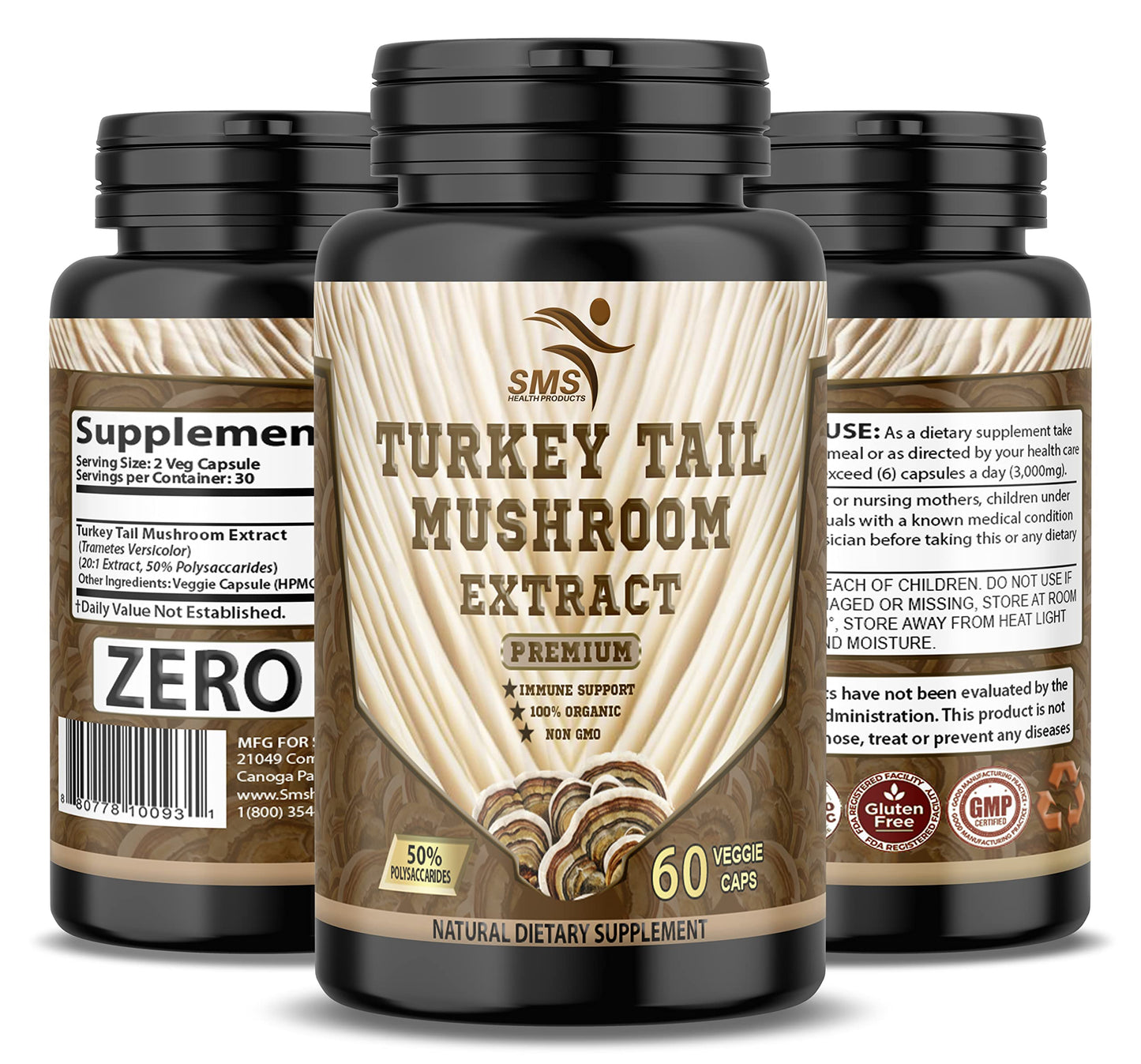 SMSHEALTHPRODUCTS.com Turkey Tail Mushroom Supplement Capsule, 60 Veggie Capsules