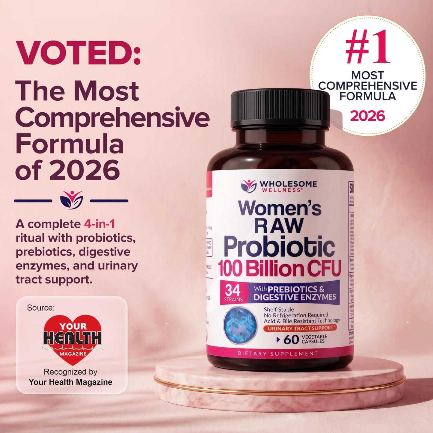 Wholesome Wellness Dr. Formulated Raw Probiotics for Women 100 Billion CFUs Capsules with Prebiotics, Digestive Enzymes, Approved for Adults, Shelf Stable Supplement, 60 Capsules