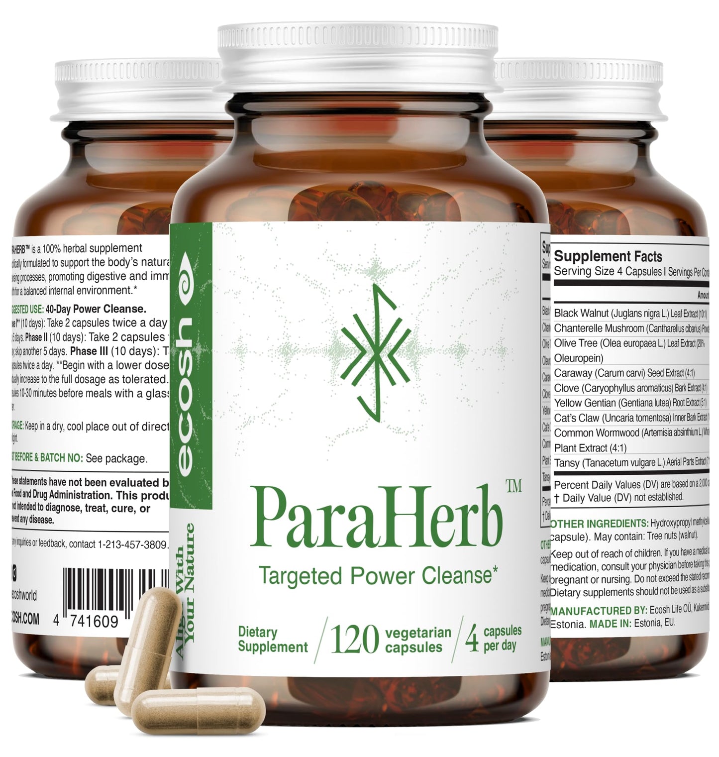 Ecosh ParaHerb Wormwood, Black Walnut, Clove & Chanterelle Extract Intestinal Cleanse – Herbal Support for Gut Detox & Digestion, Vegan, Non-GMO, No Fillers, 120 Capsules