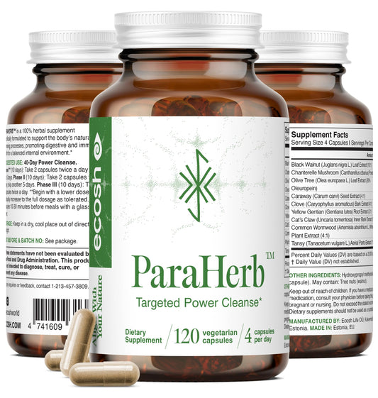 Ecosh ParaHerb Wormwood, Black Walnut, Clove & Chanterelle Extract Intestinal Cleanse – Herbal Support for Gut Detox & Digestion 120 Capsules