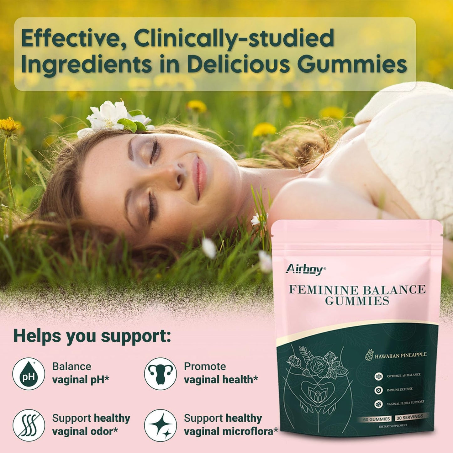 Airboy Vaginal Probiotic Gummies for Women, Pineapple Flavor, 60 Gummies