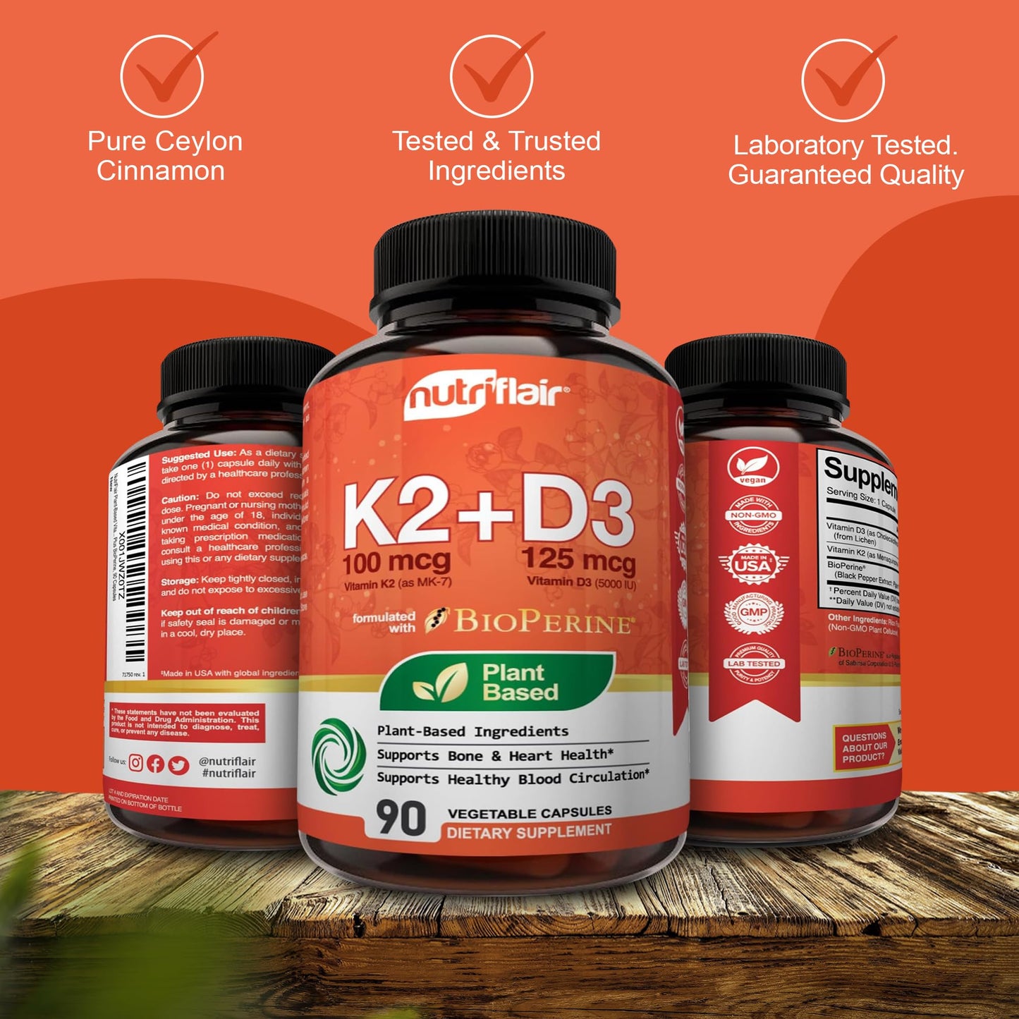 NutriFlair Vitamin D3 (5000iu/125mcg) + K2 (Mk7) Capsules, 90 Count