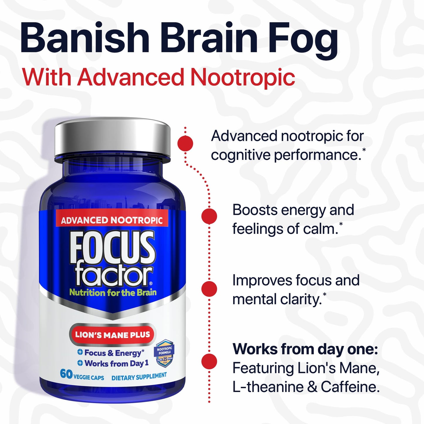 Focus Factor Lions Mane Plus, Advanced Nootropic with L-Theanine, Caffeine, Focus and Energy Capsules 60 Count