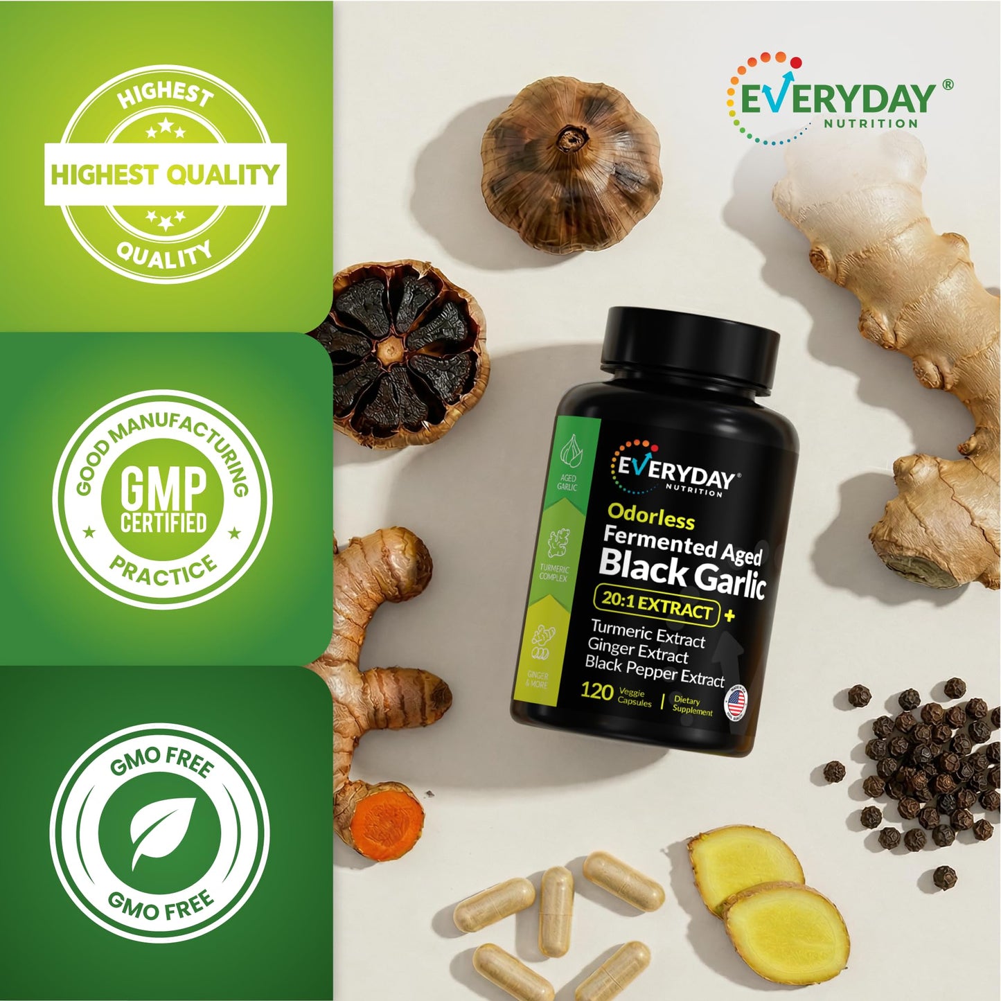 EVERYDAY NUTRITION Odorless Fermented Aged Black Garlic Extract with Turmeric Complex, Ginger, Black Pepper Extract 90 Capsules