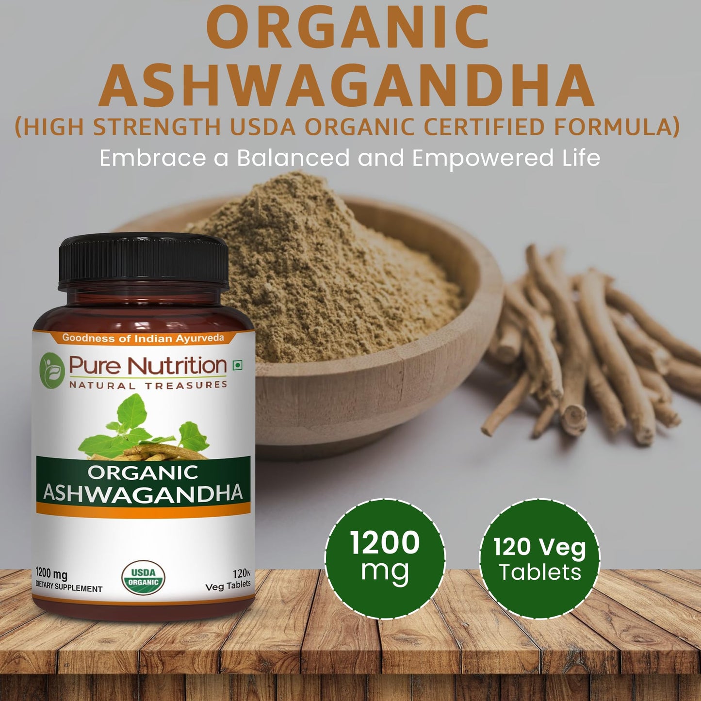 Pure Nutrition Natural Treasures Organic Ashwagandha Tablets 600mg, 120 Tablets
