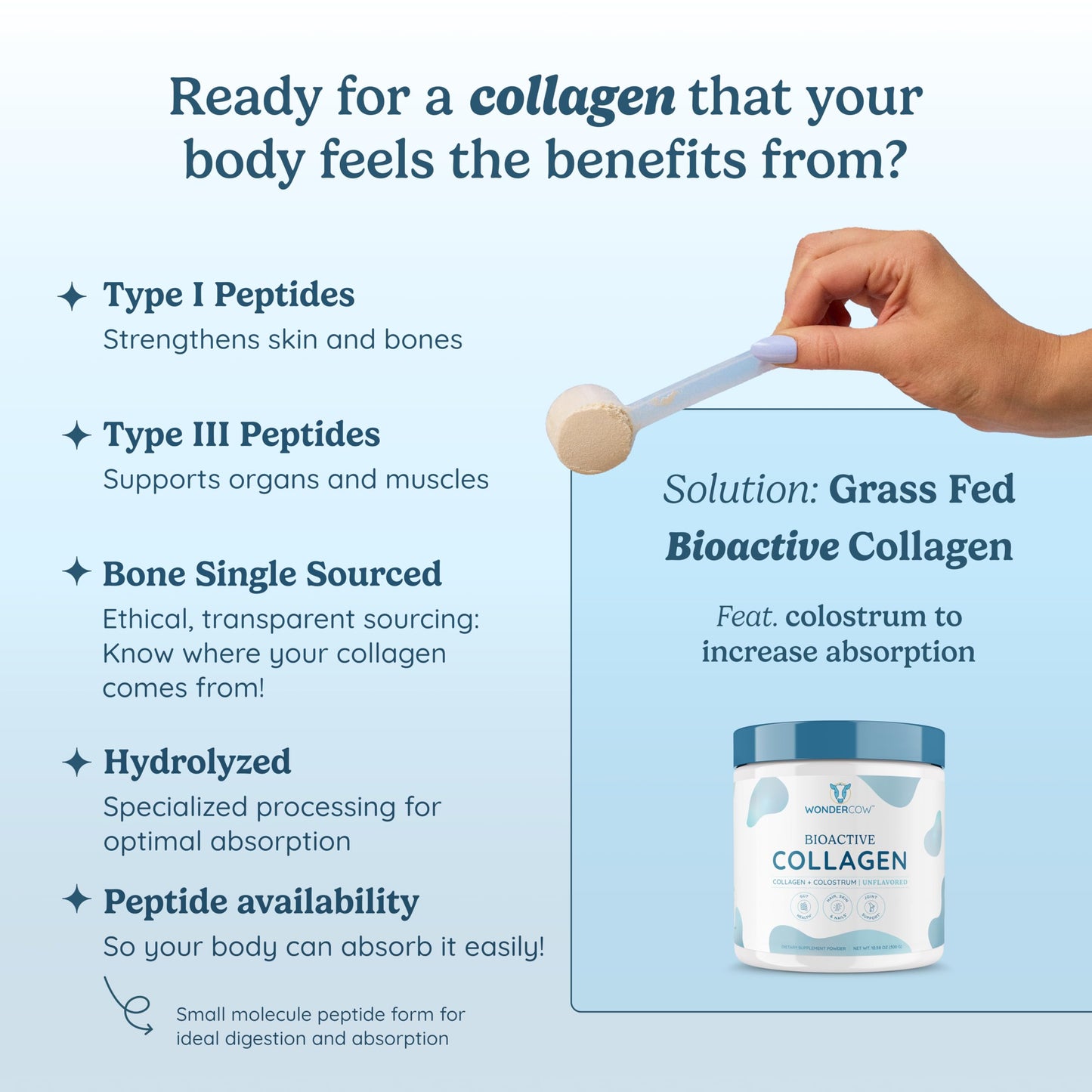 WONDERCOW Collagen Peptides Powder with Bovine Colostrum, Hair Skin Nails & Joint Support, Type I & III, Grass-Fed Collagen, 10.58 Ounce