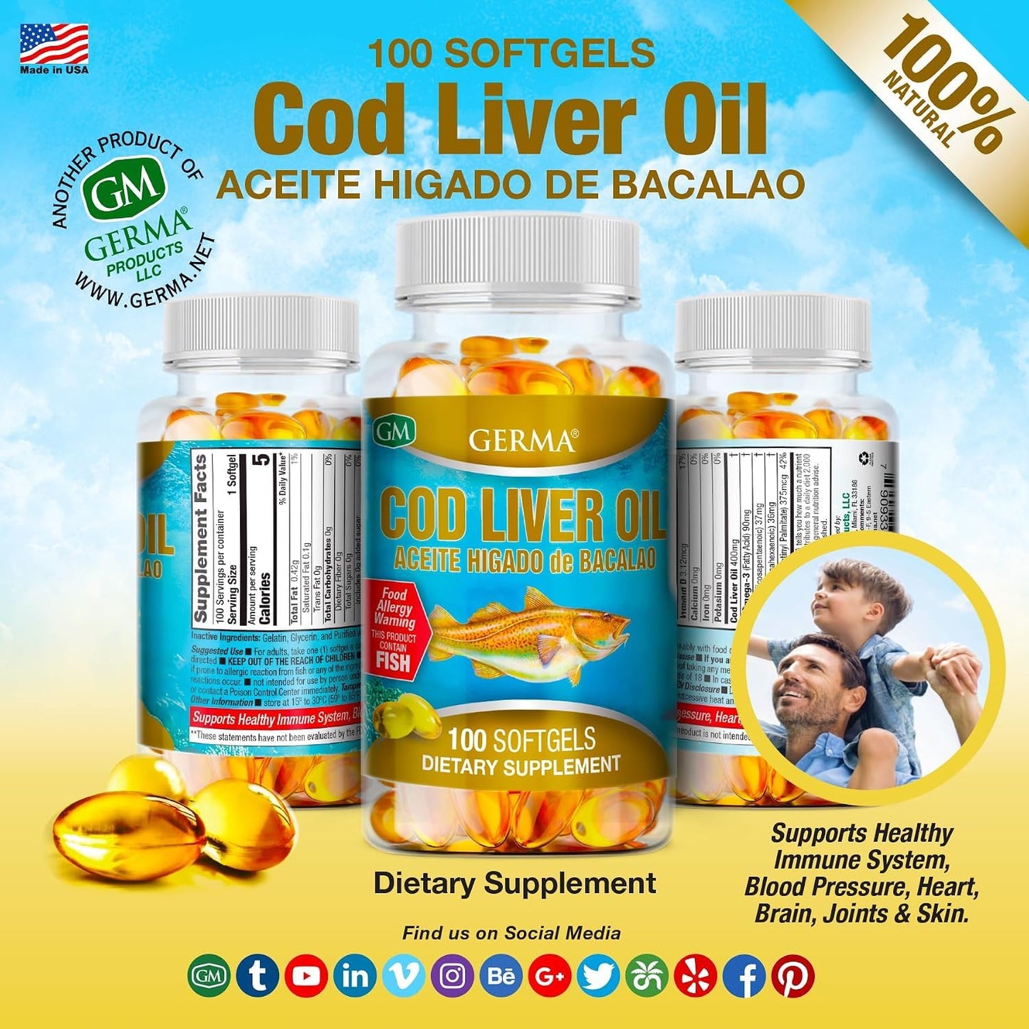 Germa Norwegian Cod Liver Oil Softgels, 200 Softgels