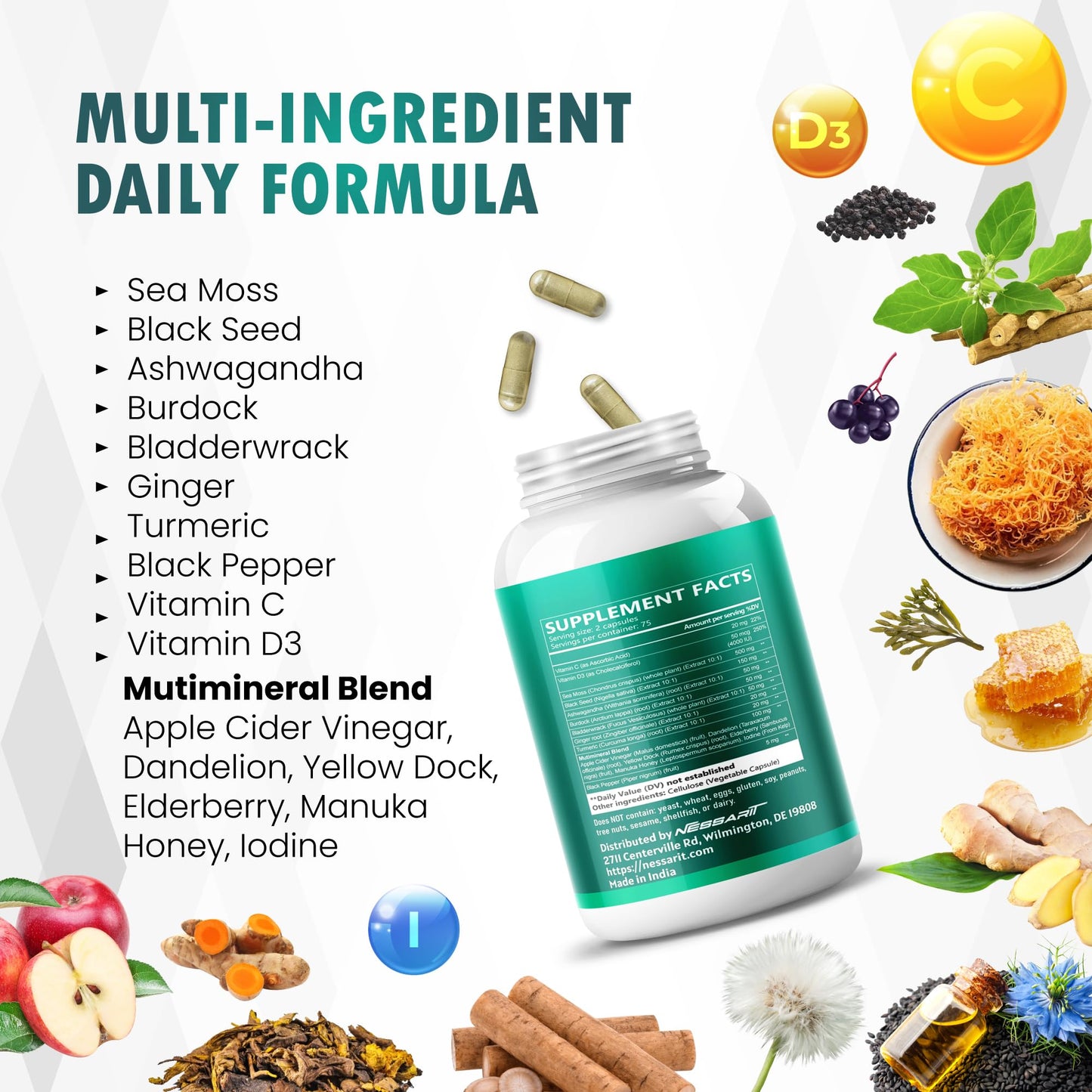 NESSARIT Sea Moss Supplement 16-in-1 Natural Blend with Black Seed Oil, Ashwagandha, Burdock, Bladderwrack, Ginger, Dandelion Capsules, 150 Count