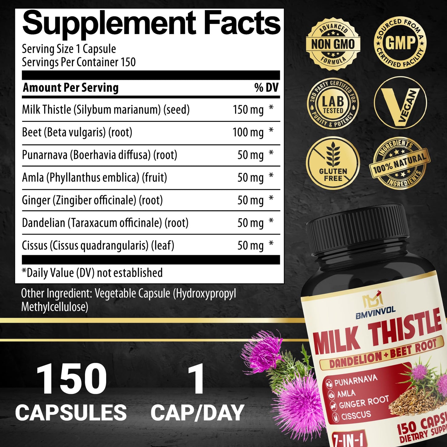BMVINVOL Milk Thistle Capsules with Beet Root, Punarnava, Amla, Ginger, Dandelion, Cissus 150 Count
