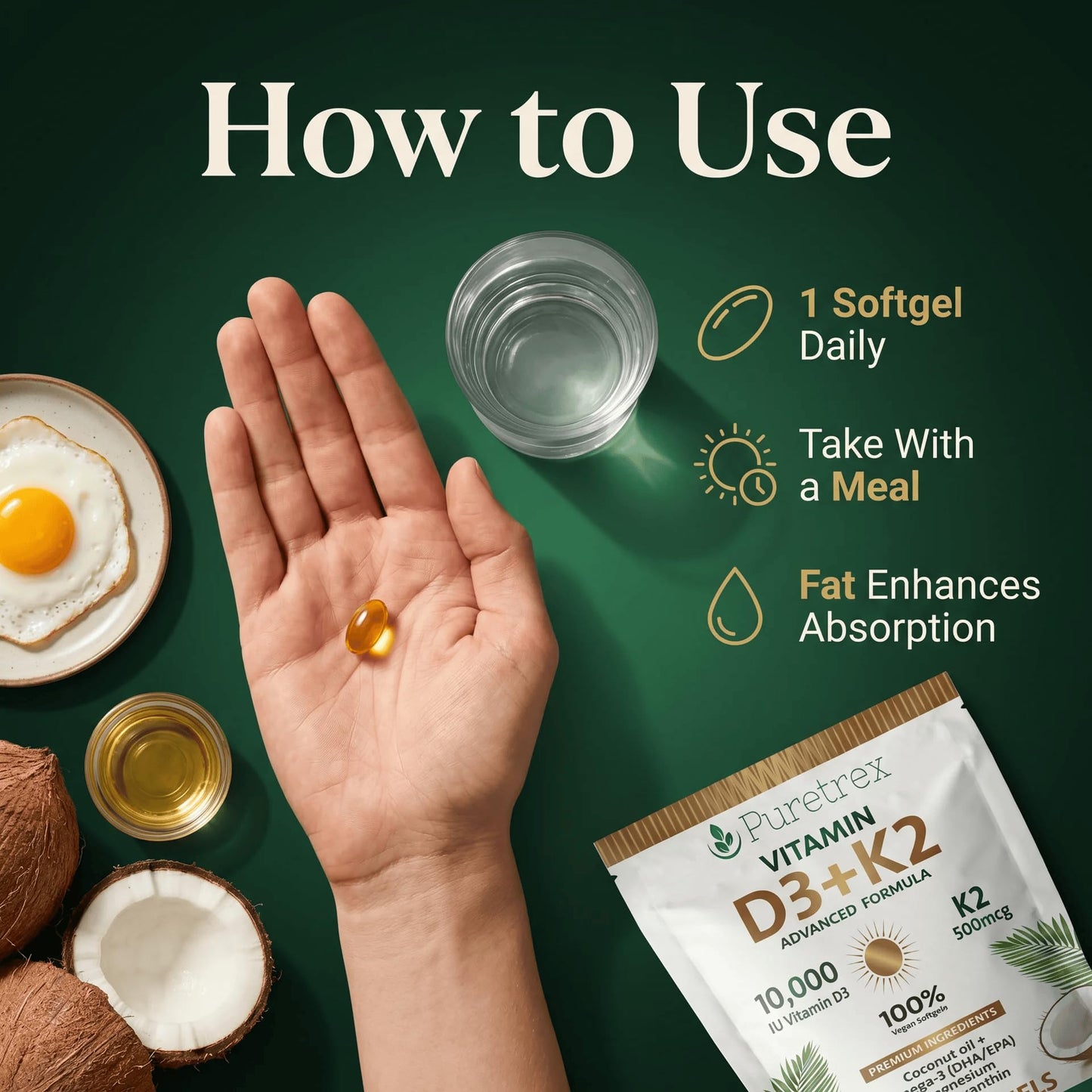 PURETREX Vitamin D3 K2 10000 IU with 500mcg MK7 (MK-7) - Advanced Formula Softgels 180 Count