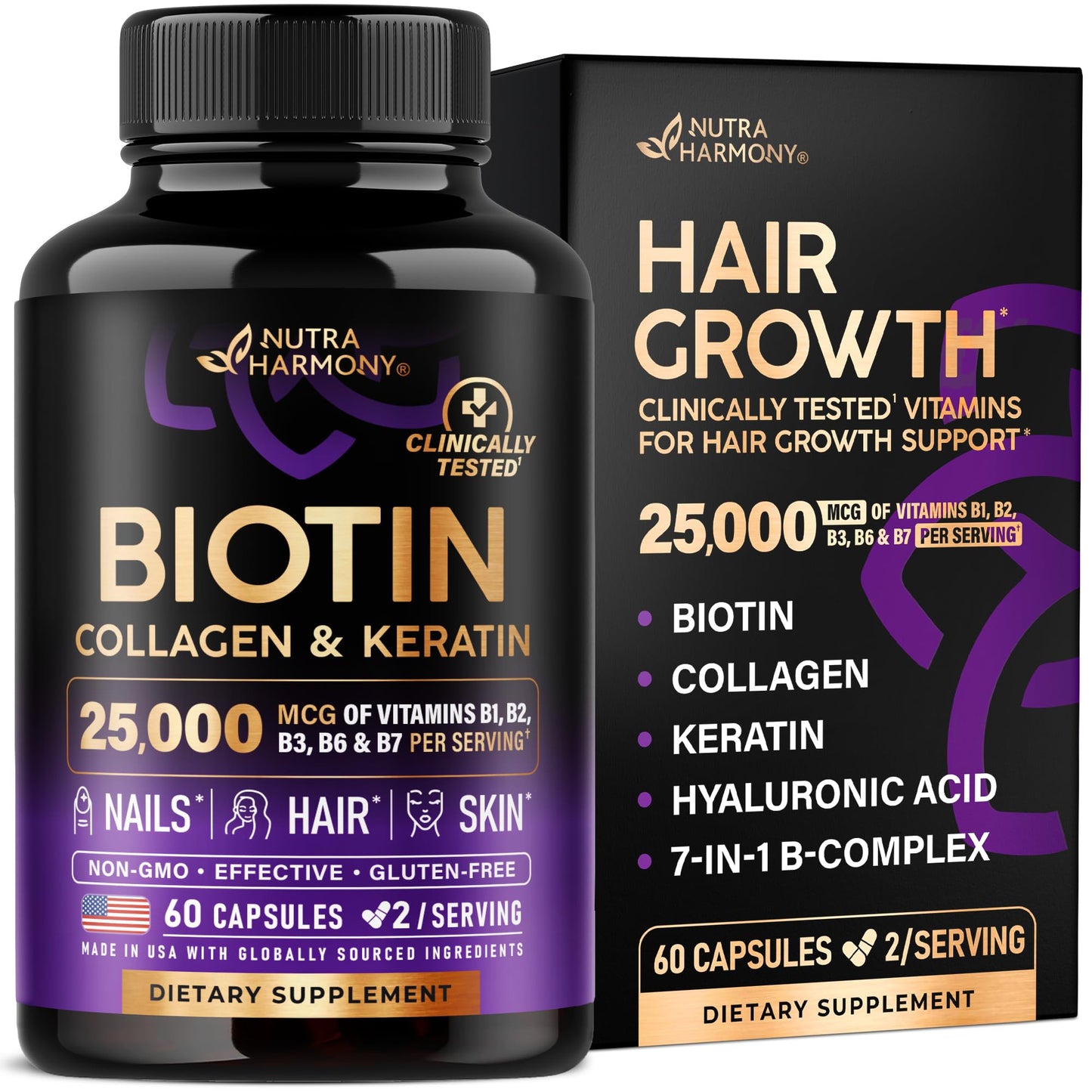 NUTRAHARMONY Biotin, Collagen, Hyaluronic Acid & Keratin Hair Growth Support, 60 Capsules