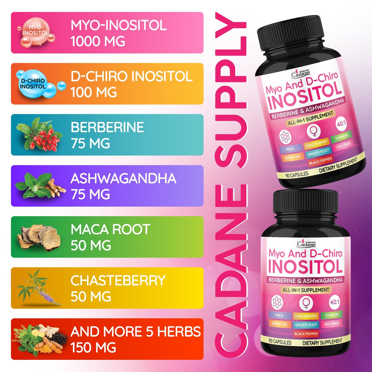 Organic Cadane Myo-Inositol and D-Chiro Inositol Capsules, 90 Capsules