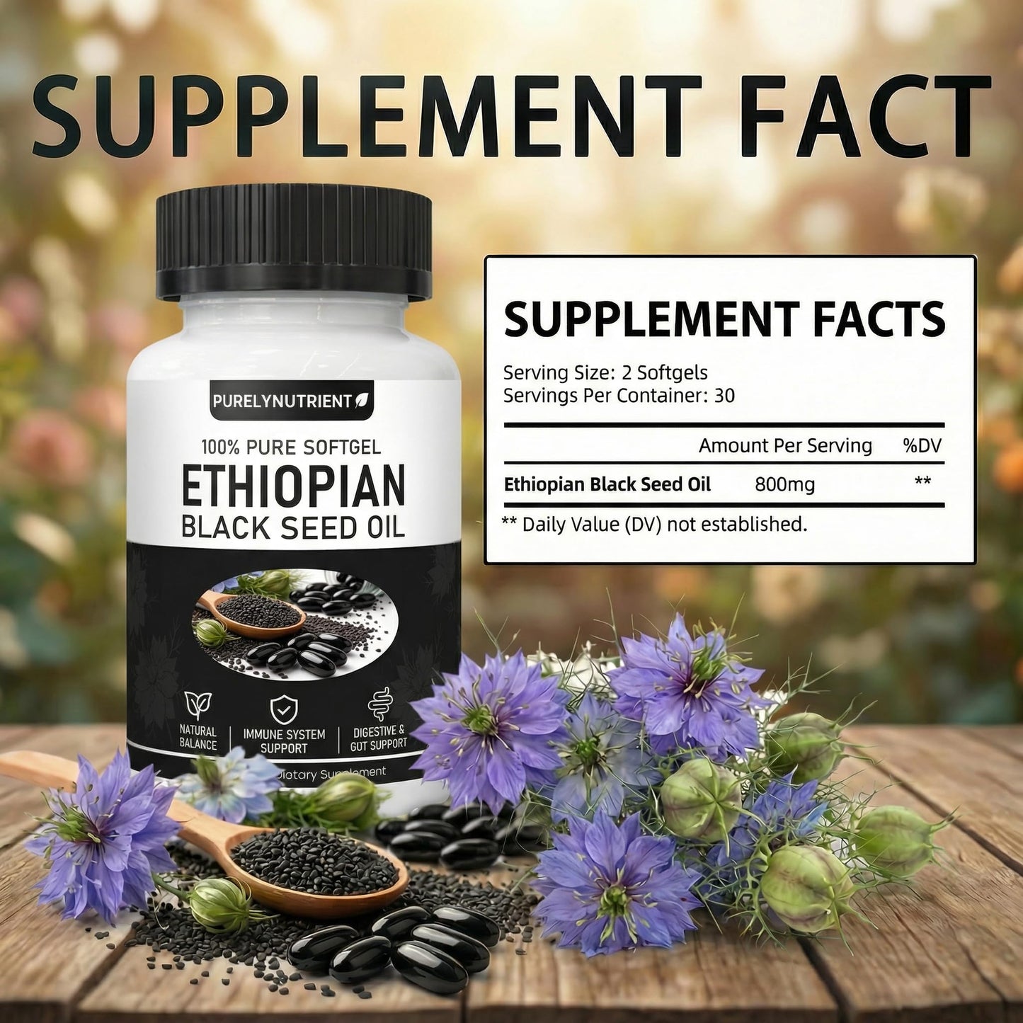 PURELYNUTRIENT Ethiopian Black Seed Oil Softgels with Thymoquinone 60 Count