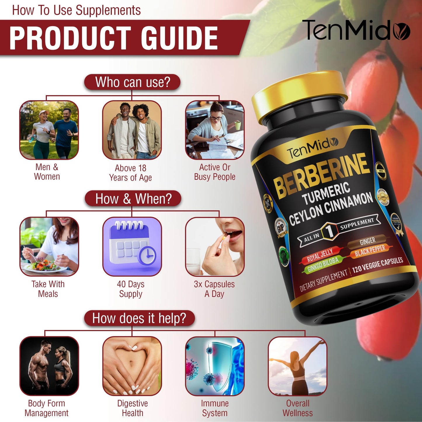 Tenmido Berberine Supplement 7in1 Formula with Turmeric, Royal Jelly, Ceylon Cinnamon, Ginkgo Biloba, Ginger & Black Pepper, Digestive Health & Immune Support, 120 Capsules