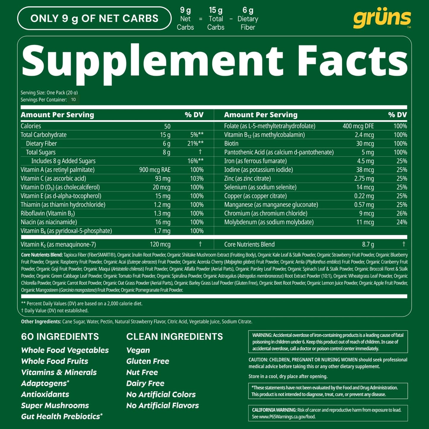 Grüns Adult Greens Gummies & Daily Multivitamin, Prebiotic Fiber, Gummy, 10 Count