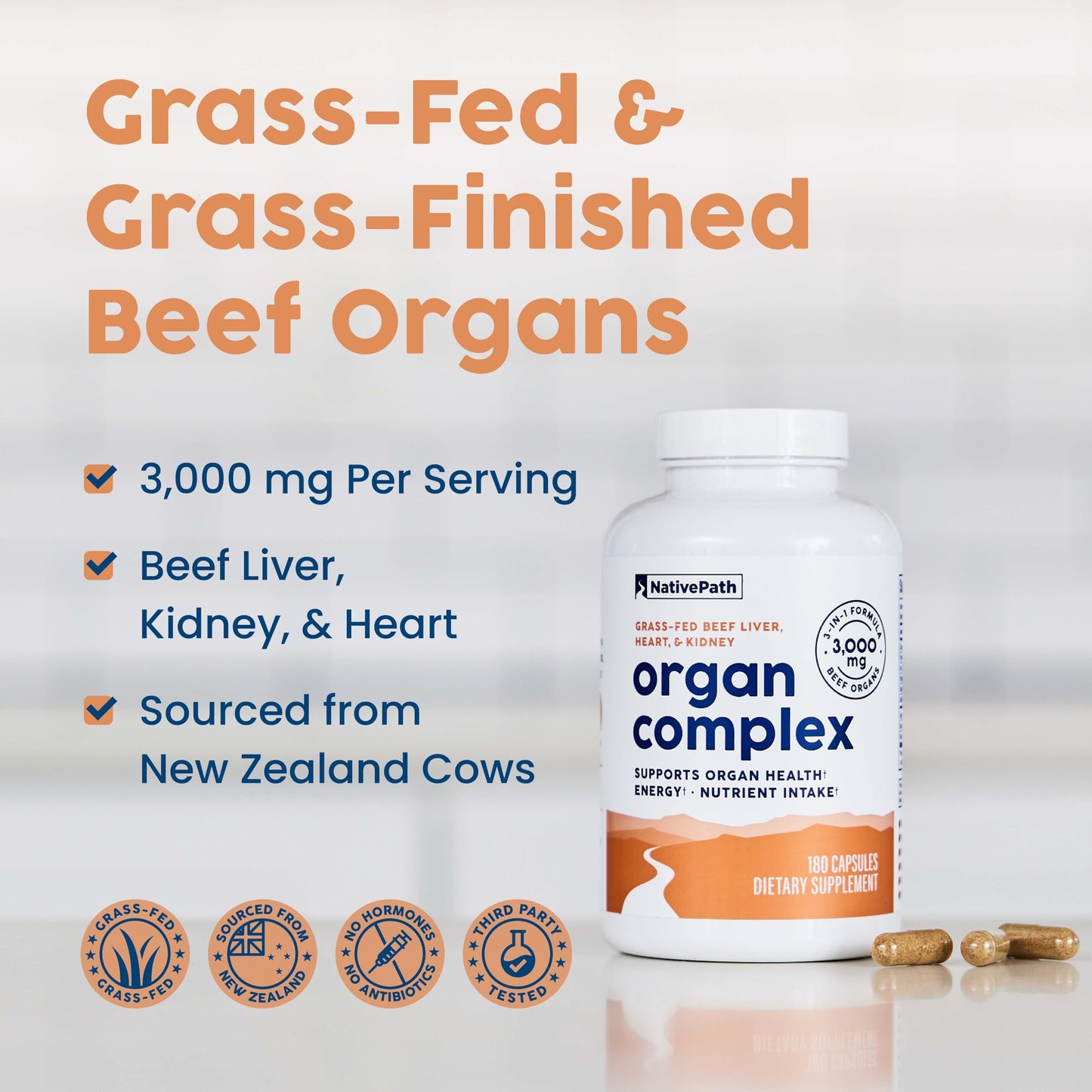 NativePath Beef Organ Complex, Liver Heart Kidney Capsules, 180 Count
