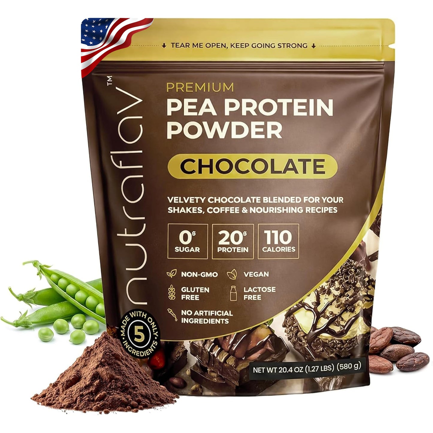 Nutraflav Chocolate Vegan Pea Protein Powder 20.4 Servings