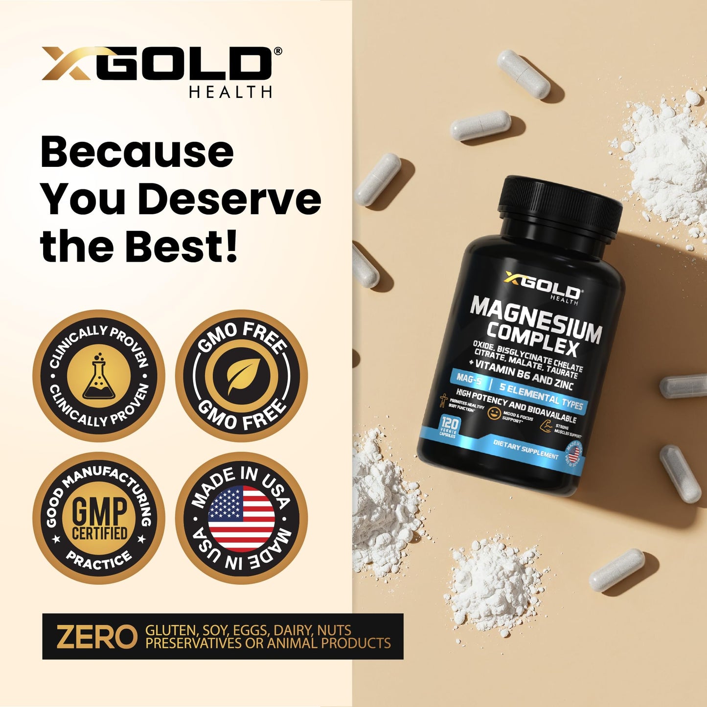 X Gold Health Magnesium Complex 5-in-1 with Zinc & Vitamin B6, High Absorption Formula, Glycinate, Citrate, Malate, Taurate & Oxide, 500mg, Capsules, 120 Count