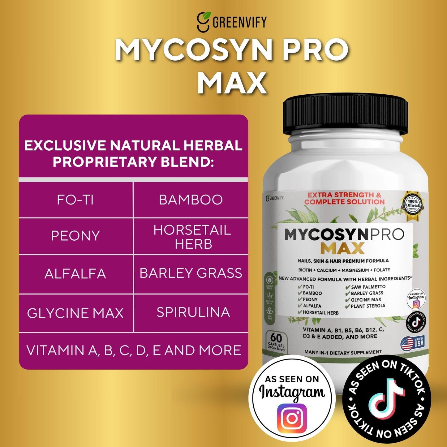 GREENVIFY Mycosyn Pro Max Hair Skin Nails Supplement 180 Capsules