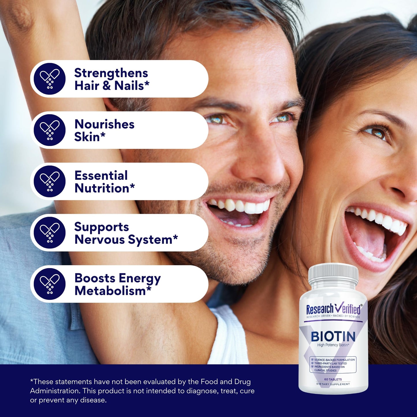 Research Verified Biotin 10000mcg Extra Strength Hair Skin and Nails Vitamin, 60 Tablets