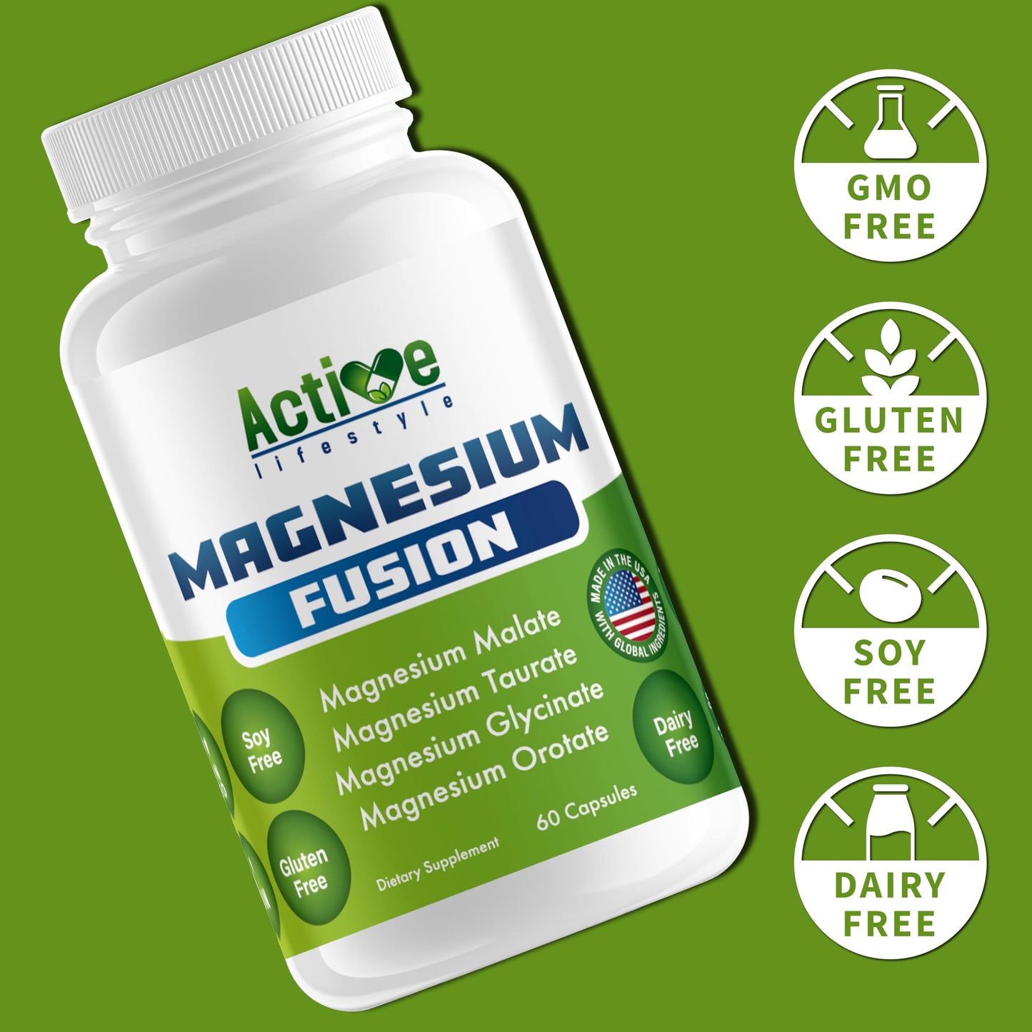 Active Lifestyle Magnesium Fusion 4X, Glycinate, Taurate, Malate, Orotate Complex Capsules, 60 Count