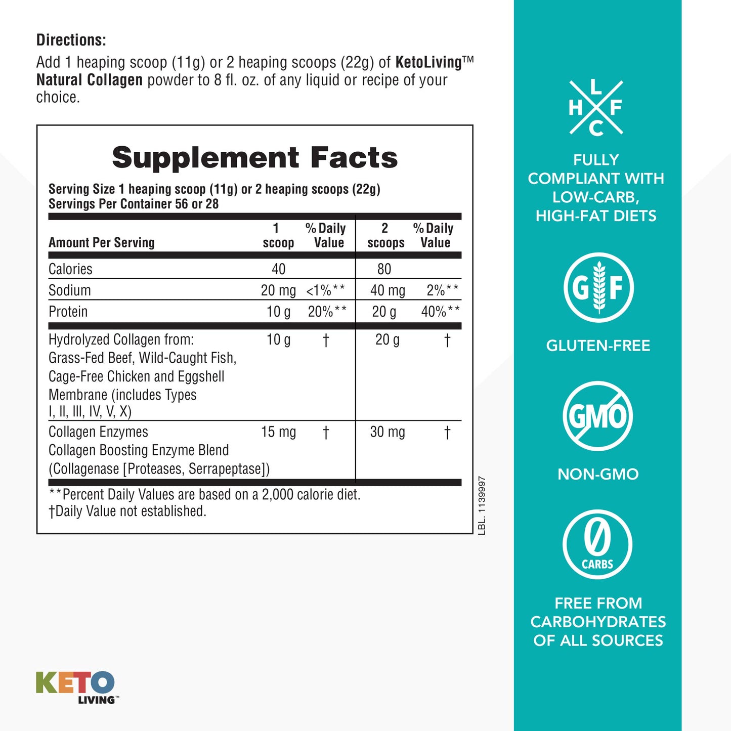 NaturesPlus KetoLiving Natural Collagen Powder, Unflavored, 21.76 oz