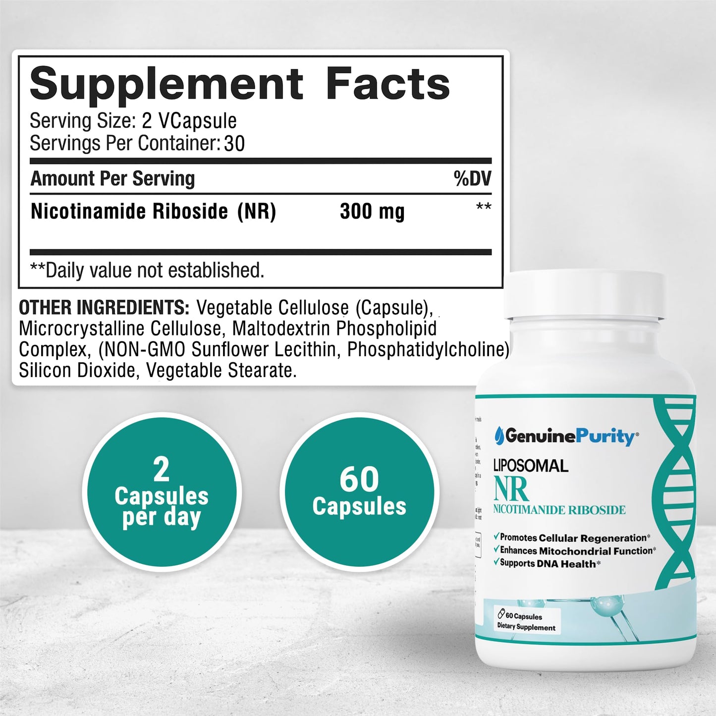 GenuinePurity Liposomal NR 300mg Nicotinamide Riboside Supplement, 60 Capsules