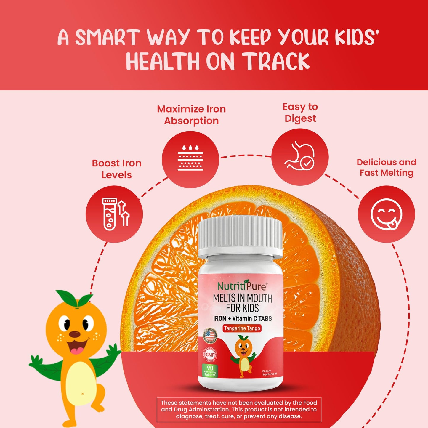 NutritiPure Kids & Toddler Chewable Iron 9mg with Vitamin C Orange Tablets, 90 Count